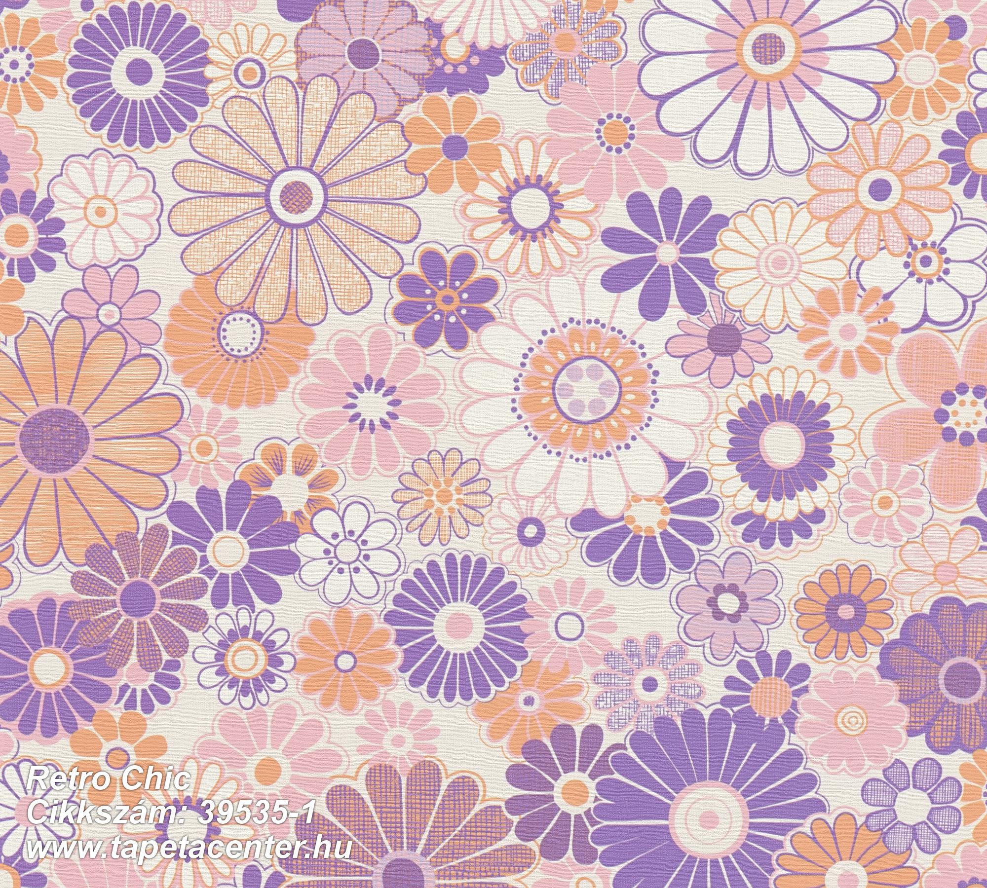 Retro,textil hatású,virágmintás,fehér,lila,narancs-terrakotta,pink-rózsaszín,súrolható,vlies tapéta 